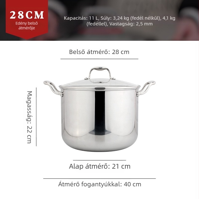 Chockmen Zhuo Deming 18/10 Rozsdamentes acél leveses fazék, mély, nagy kapacitás, üvegfedő