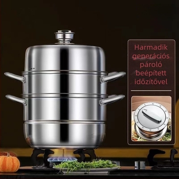 Háromszintes rozsdamentes acél párolóedény, nagy kapacitású, gőzölésre – zsemle, hal és levesek számára