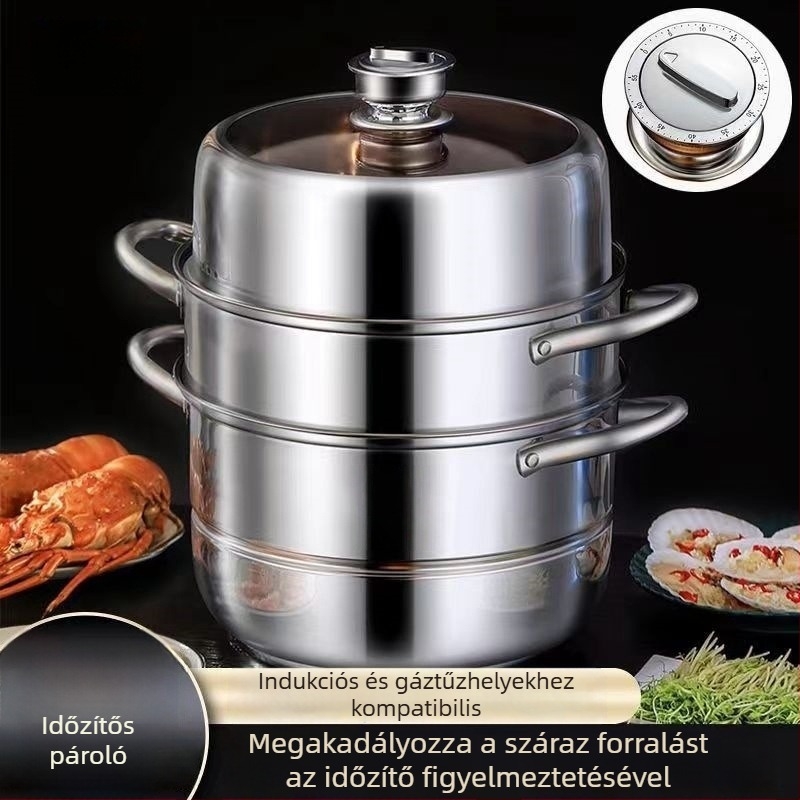 Háromszintes rozsdamentes acél párolóedény, nagy kapacitású, gőzölésre – zsemle, hal és levesek számára