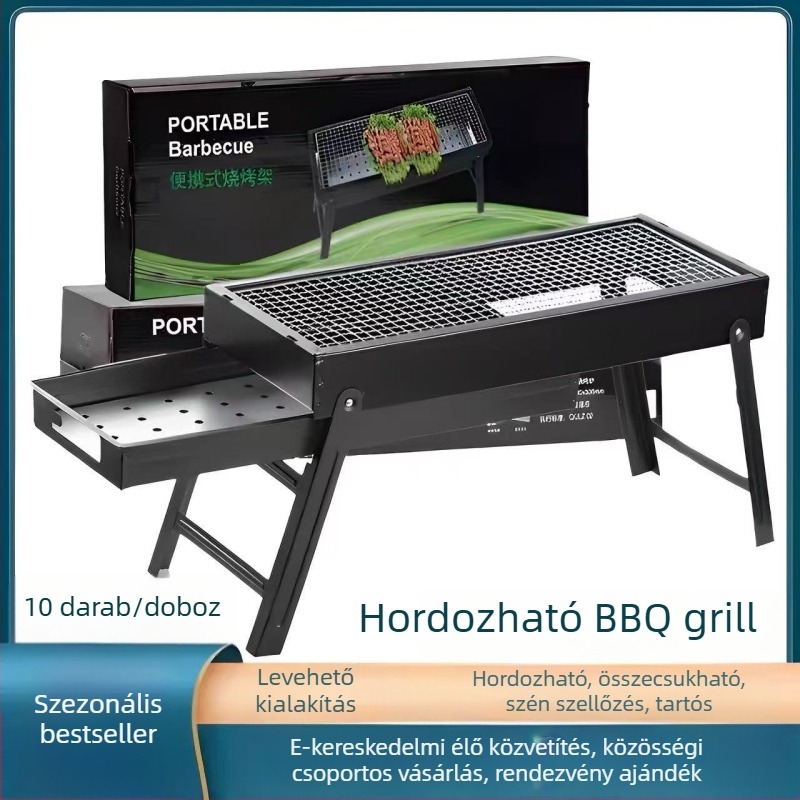 Nagy hordozható összehajtható faszenes grill kültéri kempingezéshez, rozsdamentes acélból