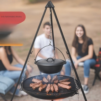 Kültéri háromlábú edényállvány zománcozott grilllemez – hordozható, szétszerelhető