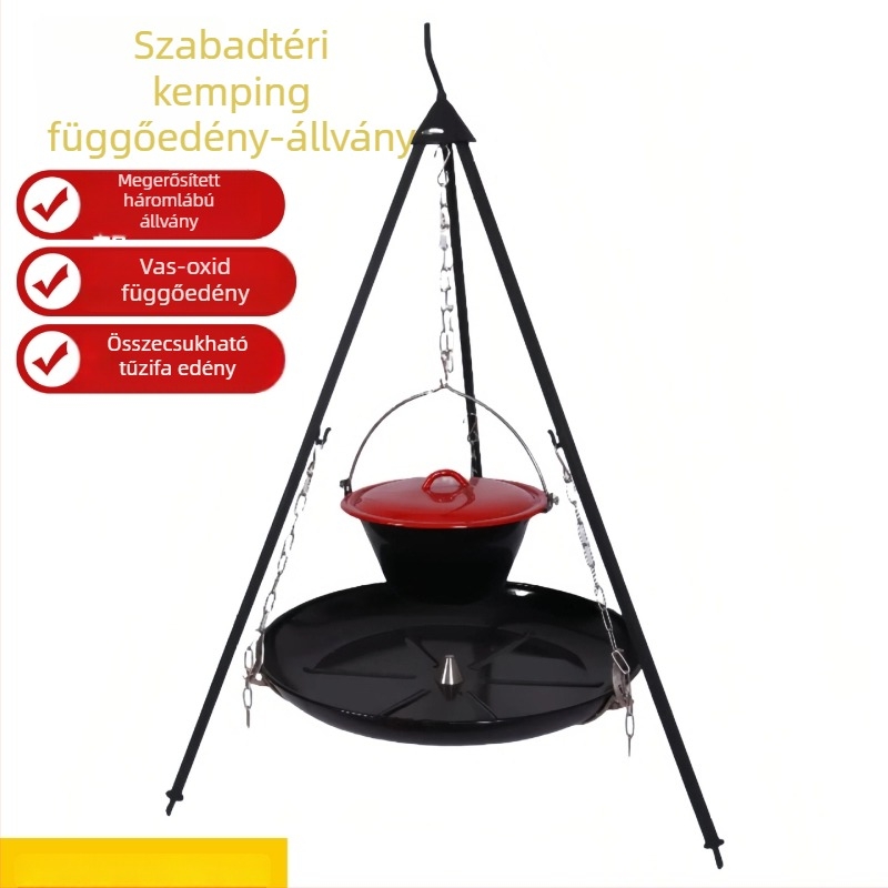 Kültéri háromlábú edényállvány zománcozott grilllemez – hordozható, szétszerelhető