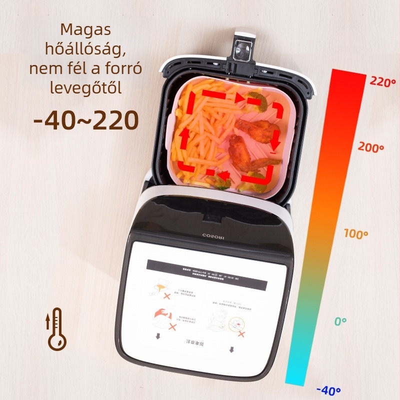 Négyzet alakú légsütő grillserpenyő szilikon edénnyel és grill alátéttel