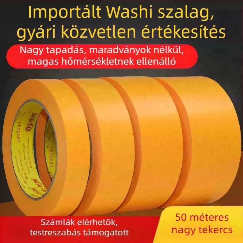 Washi maszkoló szalag, 50 m, sárga, csempék közötti fugákhoz, erős tapadású, színelválasztó papír festéshez és dekorációhoz