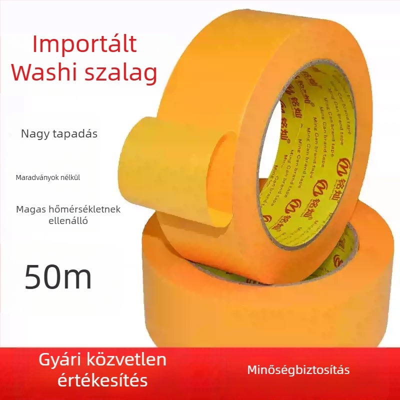 Washi maszkoló szalag, 50 m, sárga, csempék közötti fugákhoz, erős tapadású, színelválasztó papír festéshez és dekorációhoz