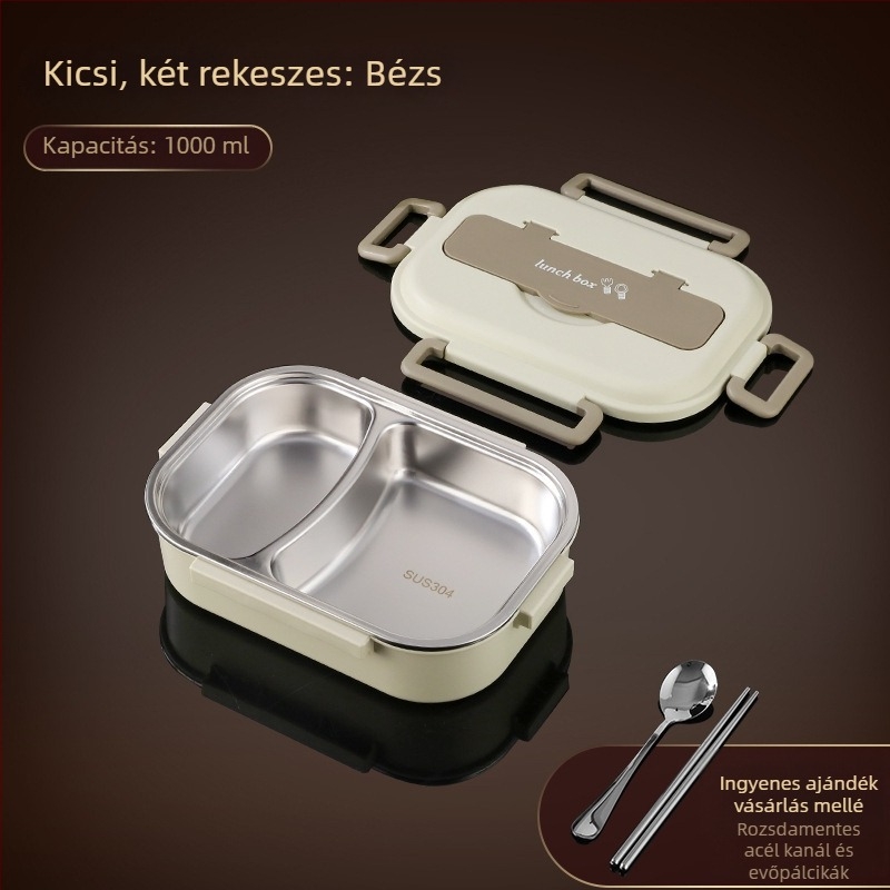 304 rozsdamentes acélból készült hőszigetelt ebédes doboz, zárt négyszögletes kialakítású, élelmiszer-minőség, két réteg, 1-2 L, irodai és diák használatra