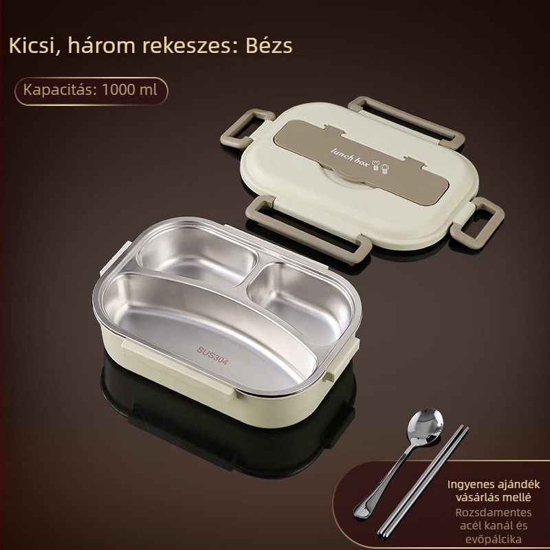 304 rozsdamentes acélból készült hőszigetelt ebédes doboz, zárt négyszögletes kialakítású, élelmiszer-minőség, két réteg, 1-2 L, irodai és diák használatra