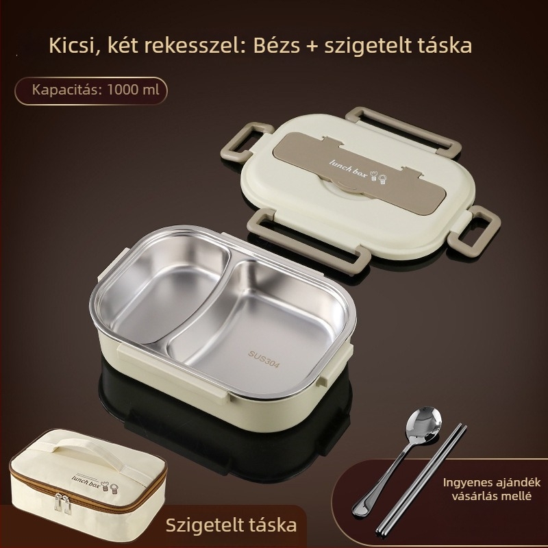 304 rozsdamentes acélból készült hőszigetelt ebédes doboz, zárt négyszögletes kialakítású, élelmiszer-minőség, két réteg, 1-2 L, irodai és diák használatra