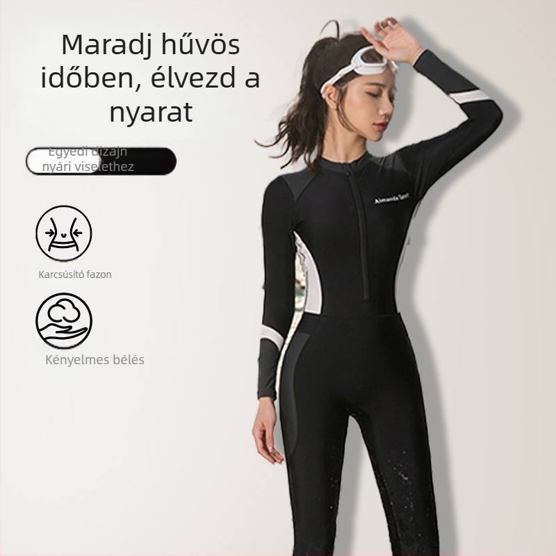 Női egyrészes fürdőruha hosszú ujjúval és hosszú lábakkal, teljes testvédelmet nyújtó, napvédelem, pocak takarás, karcsúsító hatás, konzervatív stílus, professzionális búvár- edzésruha