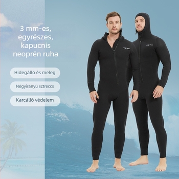 3 mm-es kapucnis egyrészes búvárruha elöl ferde cipzárral, fekete, meleg úszáshoz, szabad merüléshez és szörfözéshez