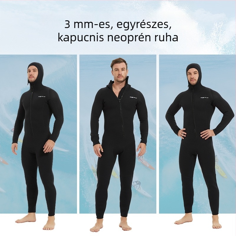 3 mm-es kapucnis egyrészes búvárruha elöl ferde cipzárral, fekete, meleg úszáshoz, szabad merüléshez és szörfözéshez