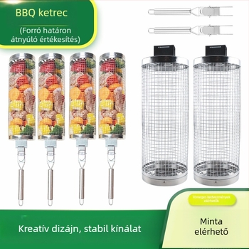 Rozsdamentes acél fogantyúval rendelkező grillketrec, hús és zöldségek grillsütő rács, gördülő háló kempingezéshez