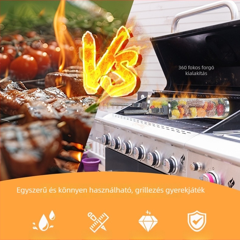 Rozsdamentes acél fogantyúval rendelkező grillketrec, hús és zöldségek grillsütő rács, gördülő háló kempingezéshez