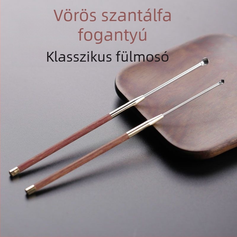Vörös szantálfa fogantyújú fülkanál rozsdamentes acél fejjel, retro kerek formájú tál