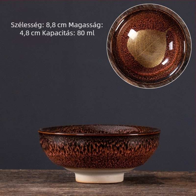 Nagy méretű kerámia teáscsésze juharlevél motívummal, glazúrral – teake degustációhoz