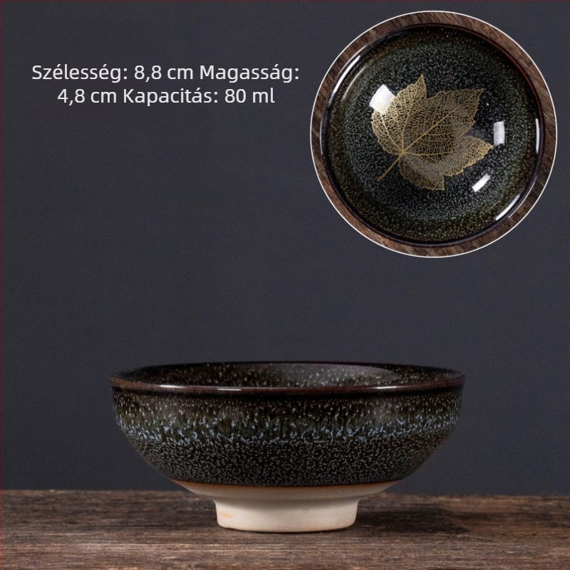 Nagy méretű kerámia teáscsésze juharlevél motívummal, glazúrral – teake degustációhoz