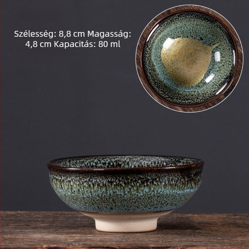 Nagy méretű kerámia teáscsésze juharlevél motívummal, glazúrral – teake degustációhoz