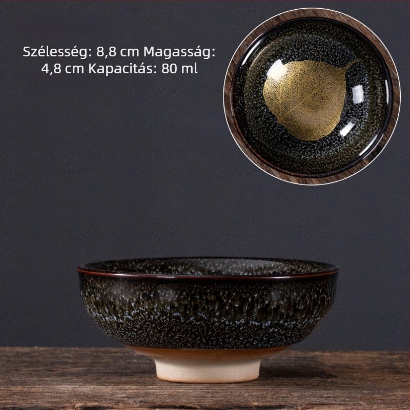 Nagy méretű kerámia teáscsésze juharlevél motívummal, glazúrral – teake degustációhoz