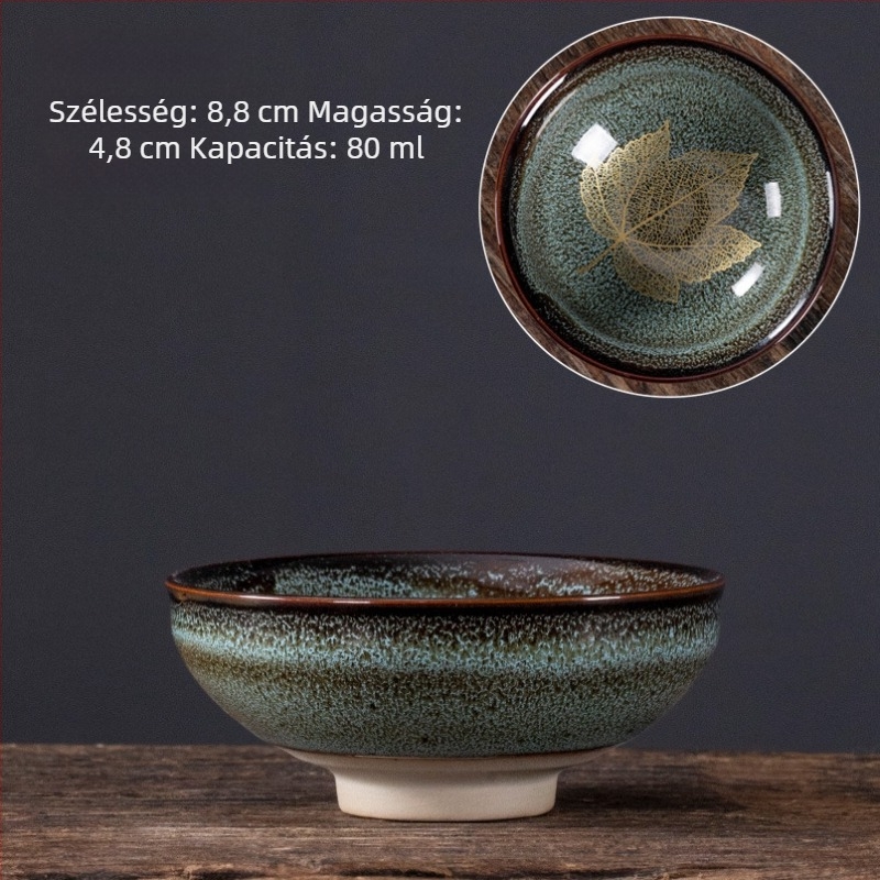 Nagy méretű kerámia teáscsésze juharlevél motívummal, glazúrral – teake degustációhoz