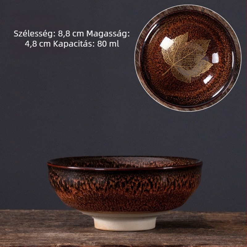 Nagy méretű kerámia teáscsésze juharlevél motívummal, glazúrral – teake degustációhoz