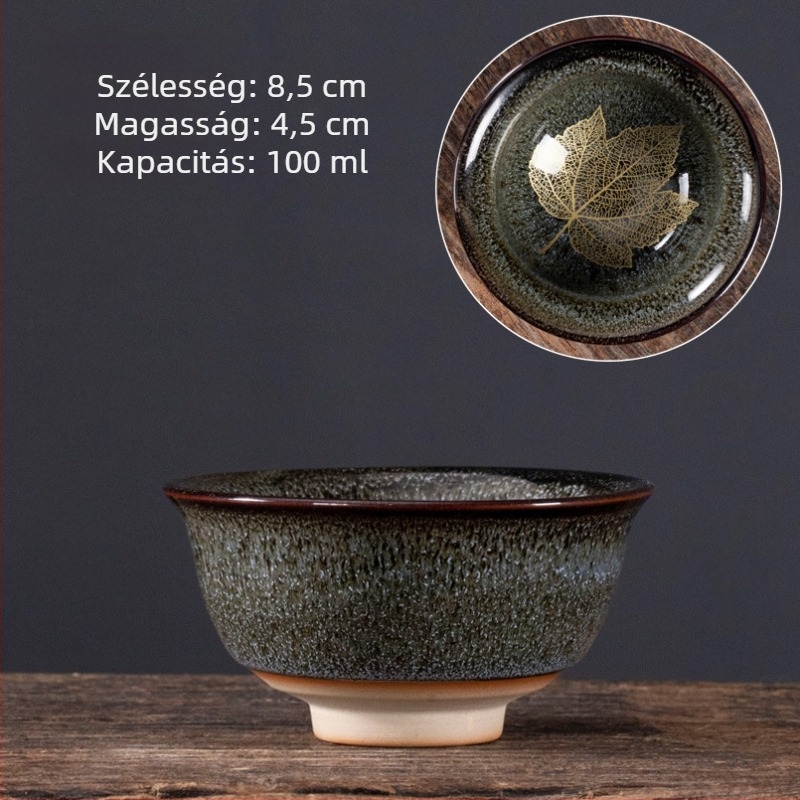 Nagy méretű kerámia teáscsésze juharlevél motívummal, glazúrral – teake degustációhoz