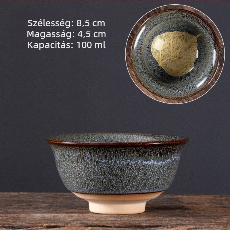 Nagy méretű kerámia teáscsésze juharlevél motívummal, glazúrral – teake degustációhoz