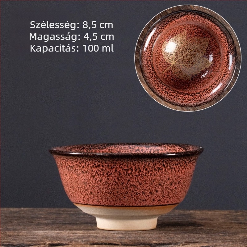 Nagy méretű kerámia teáscsésze juharlevél motívummal, glazúrral – teake degustációhoz