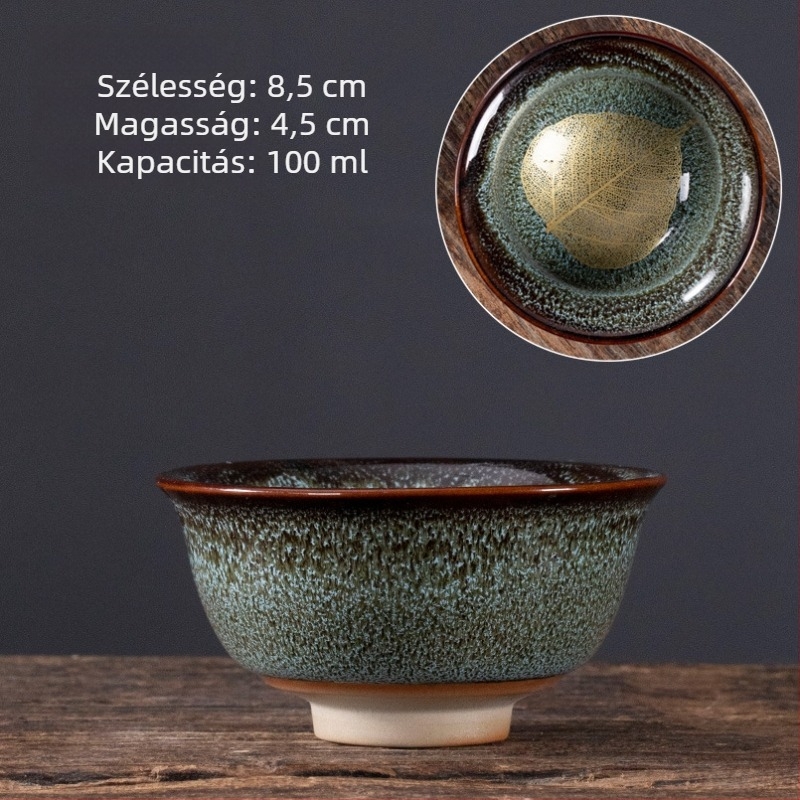 Nagy méretű kerámia teáscsésze juharlevél motívummal, glazúrral – teake degustációhoz