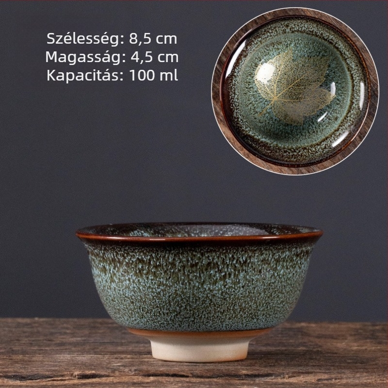 Nagy méretű kerámia teáscsésze juharlevél motívummal, glazúrral – teake degustációhoz