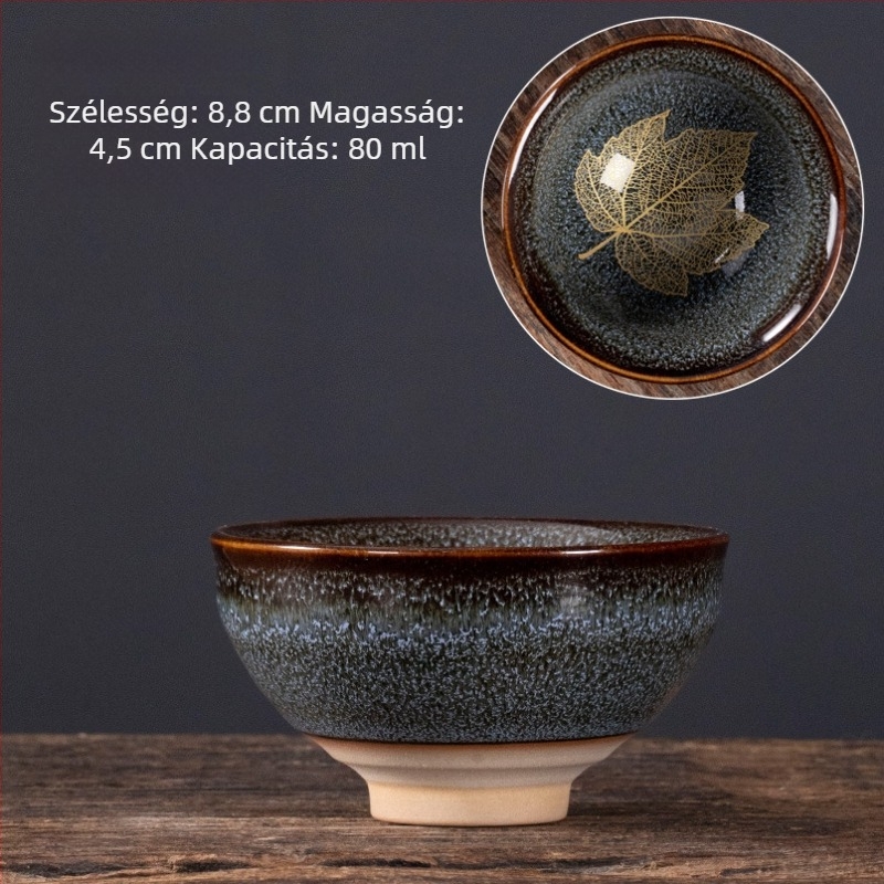 Nagy méretű kerámia teáscsésze juharlevél motívummal, glazúrral – teake degustációhoz