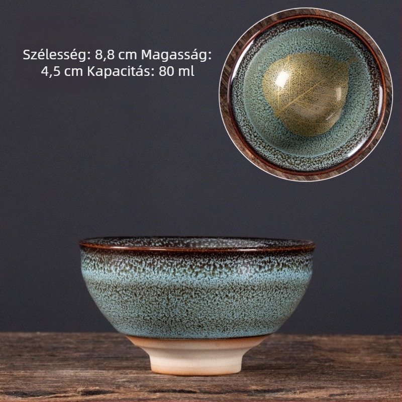 Nagy méretű kerámia teáscsésze juharlevél motívummal, glazúrral – teake degustációhoz