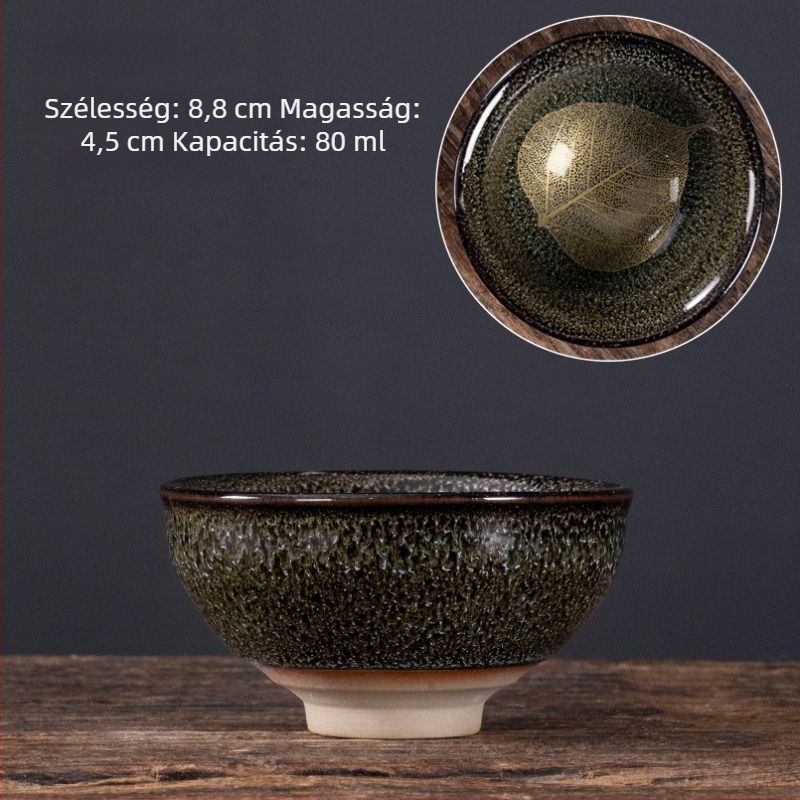 Nagy méretű kerámia teáscsésze juharlevél motívummal, glazúrral – teake degustációhoz