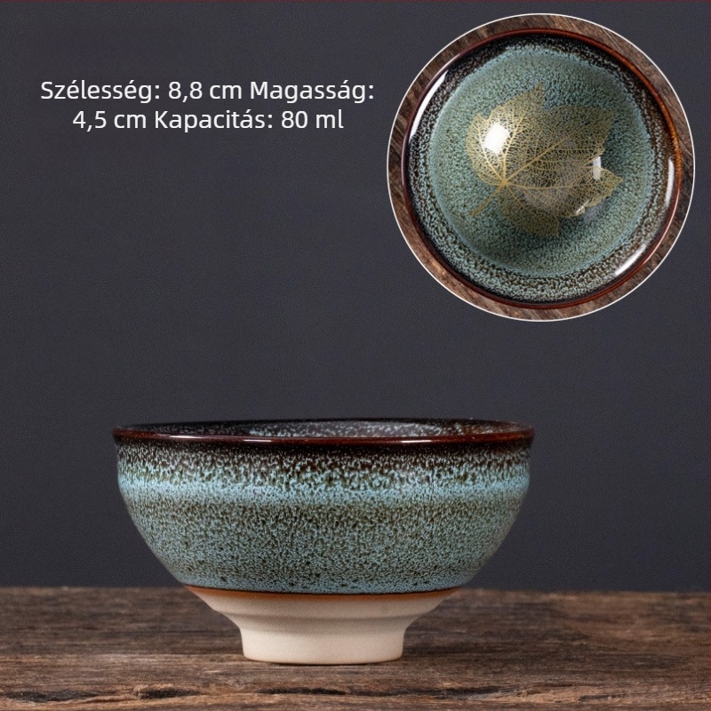 Nagy méretű kerámia teáscsésze juharlevél motívummal, glazúrral – teake degustációhoz