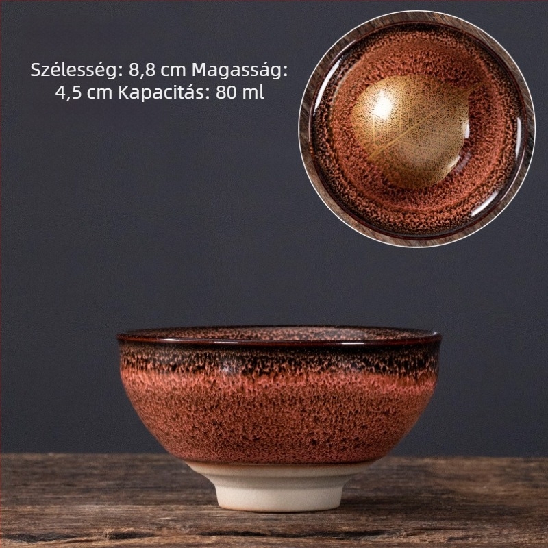 Nagy méretű kerámia teáscsésze juharlevél motívummal, glazúrral – teake degustációhoz