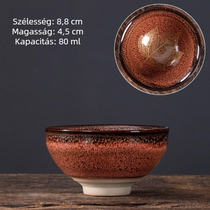 Nagy méretű kerámia teáscsésze juharlevél motívummal, glazúrral – teake degustációhoz