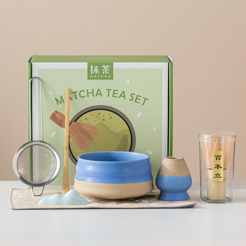 Kerámiás matcha tál macaron színben, japán stílusú matcha teás készlet habverővel és kefével, öt–hét darabos készlet