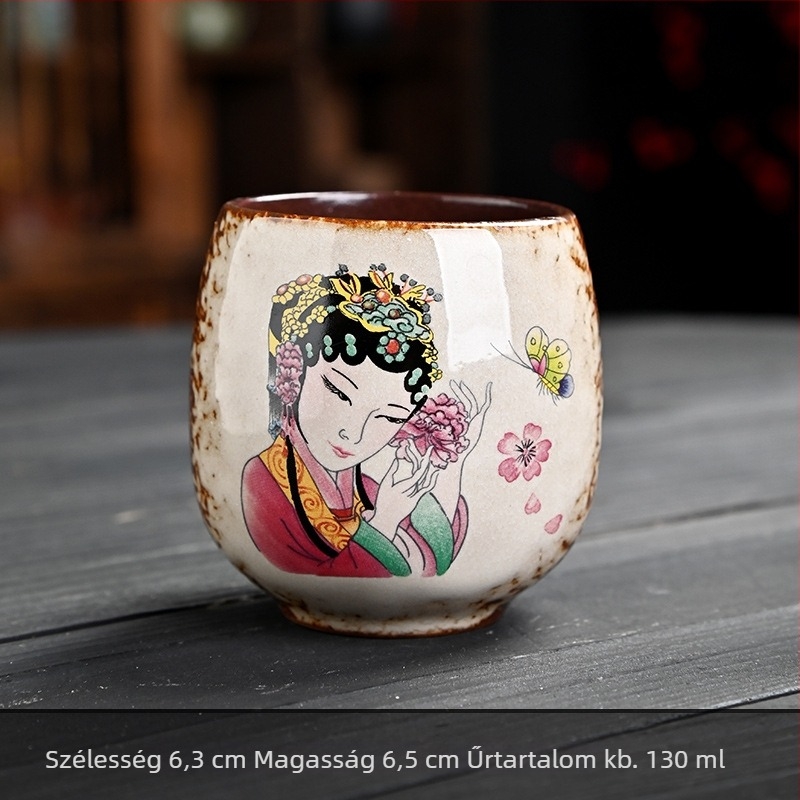 Retro kerámiás teáscsésze faégetés hatású, Pekingi Opera szépség motívummal, nagy méretű teáscsésze, személyre szabható ajándék