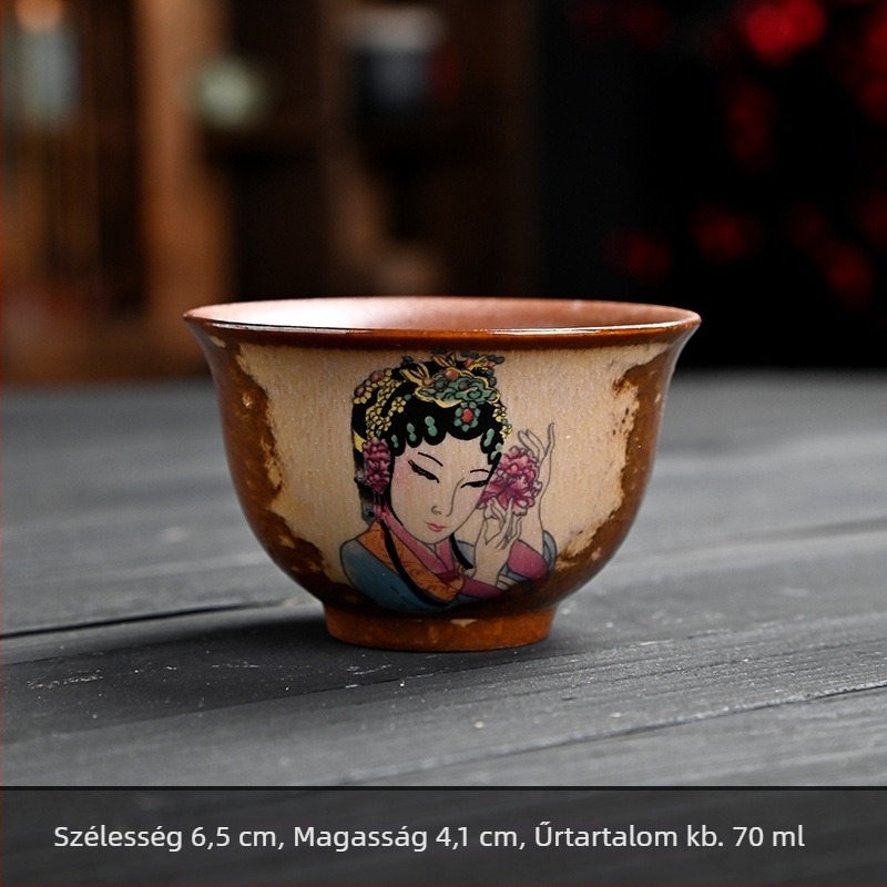 Retro kerámiás teáscsésze faégetés hatású, Pekingi Opera szépség motívummal, nagy méretű teáscsésze, személyre szabható ajándék