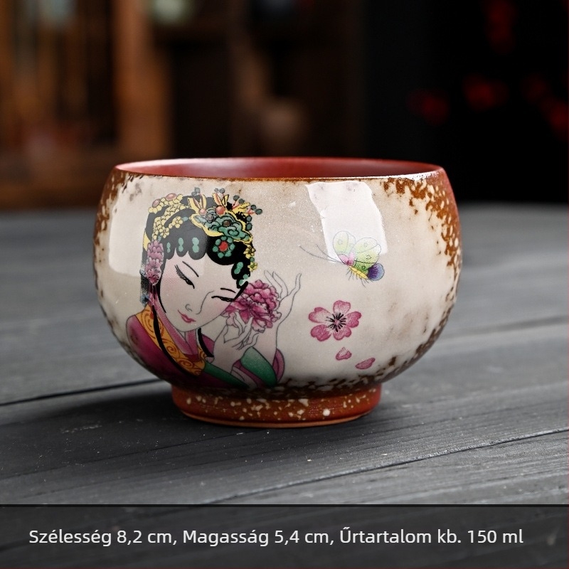 Retro kerámiás teáscsésze faégetés hatású, Pekingi Opera szépség motívummal, nagy méretű teáscsésze, személyre szabható ajándék