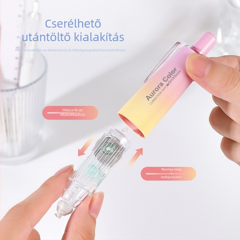 Ködös hatású javítószalag, Macaron színű javítószalag, nyomás–forgás típus, cserélhető mag, 6 m hosszú, gradiens színek az általános iskolába