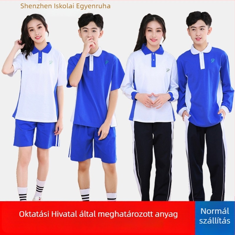 Shenzhen Középiskola egységes egyenruha készlet – rövid ujjú felső és hosszú vagy rövid nadrág, uniszex, 95% pamut