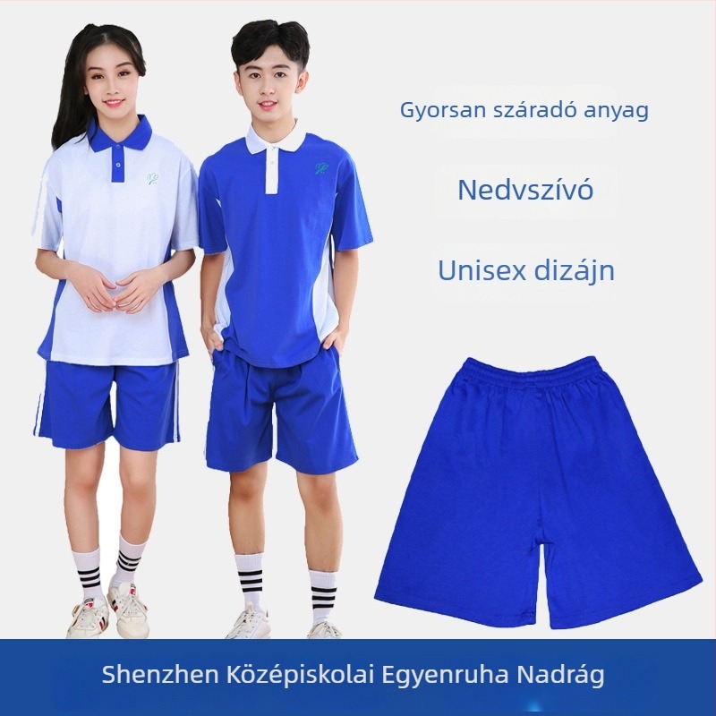 Shenzhen Középiskola egységes egyenruha készlet – rövid ujjú felső és hosszú vagy rövid nadrág, uniszex, 95% pamut