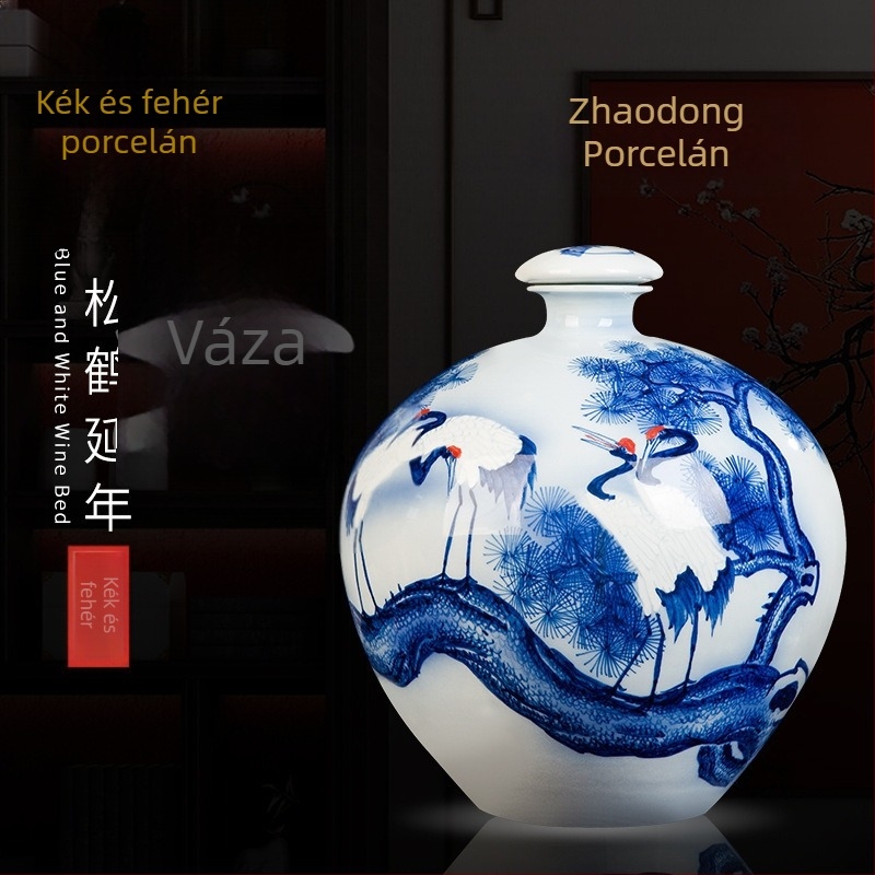 Kék-fehér kerámia borosüveg, kézzel festett, zárt szeszes italokhoz használható tartály, 2,5 kg, 5 kg, 7,5 kg és 15 kg kapacitással