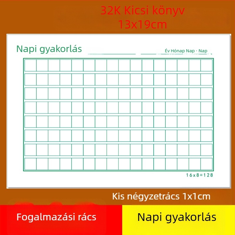Kemény tollkaligráfiához írásgyakorló lap, kockás kis notesz, általános iskolások számára