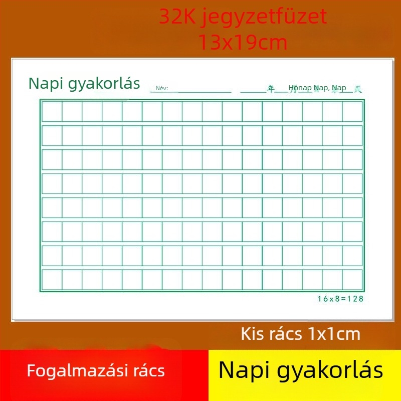 Kemény tollkaligráfiához írásgyakorló lap, kockás kis notesz, általános iskolások számára