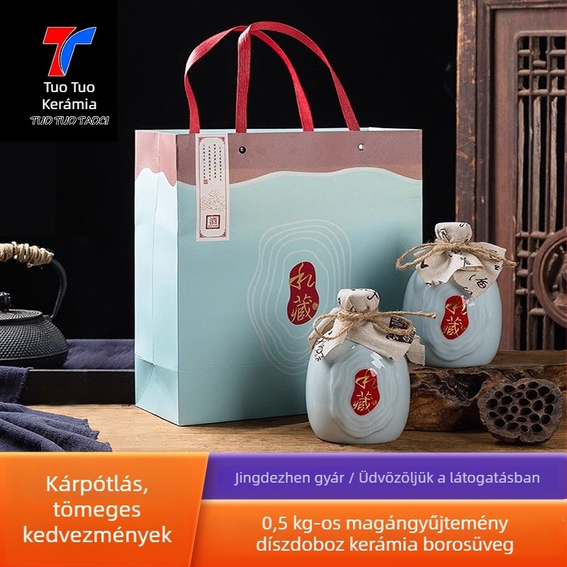 Jingdezhen Magánkollekció: Kerámia Üres Ital Üveg Készlet, 0,5 kg, Klasszikus Ajándékdoboz, Otthoni Zárható Bor- és Ital Kellékek