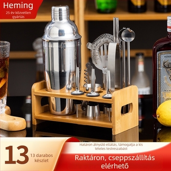 13 darabos rozsdamentes acél koktélkészlet fából készült állvánnyal