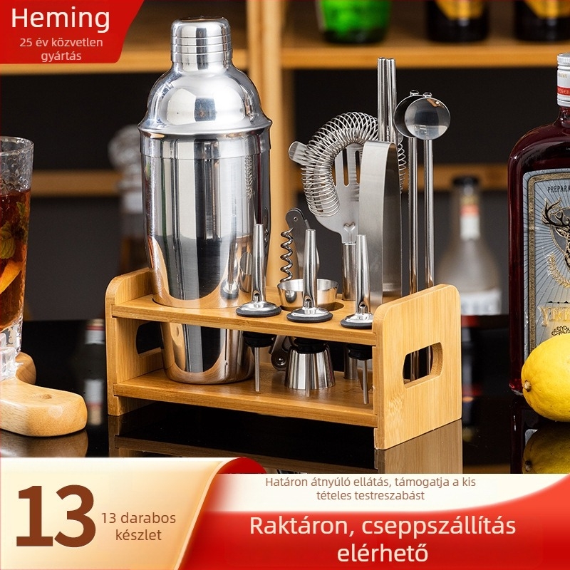 13 darabos rozsdamentes acél koktélkészlet fából készült állvánnyal