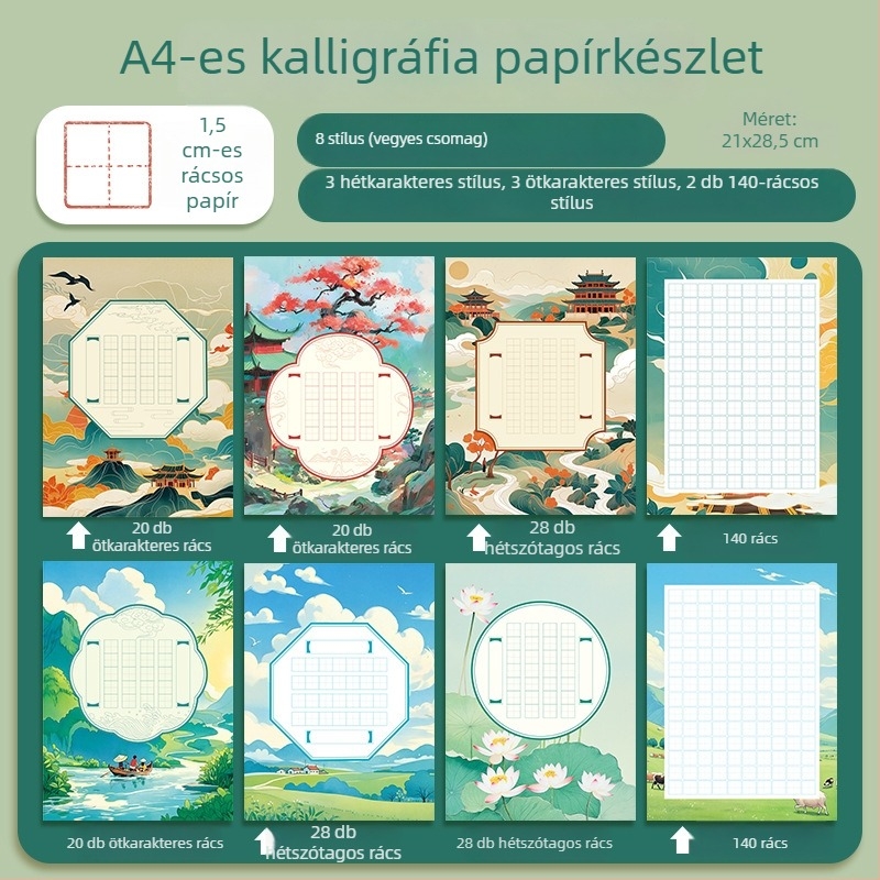 A4 méretű kemény tollkaligráfia papír, 88-as rács, öt- és hét karakteres ókori költemények és mondatverseny írásához, vegyes készlet
