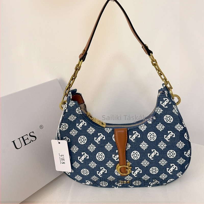 Denim félhold alakú táska láncos mintával, átvethető vállon (crossbody) nőknek
